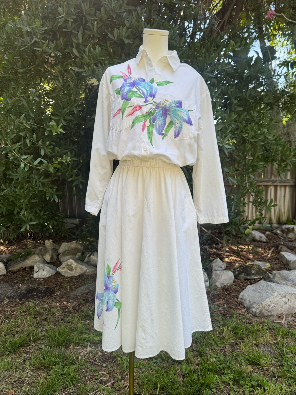 Vintage Frillz Artsy 100% Cotton Hand Painted Floral Midi Dress Small